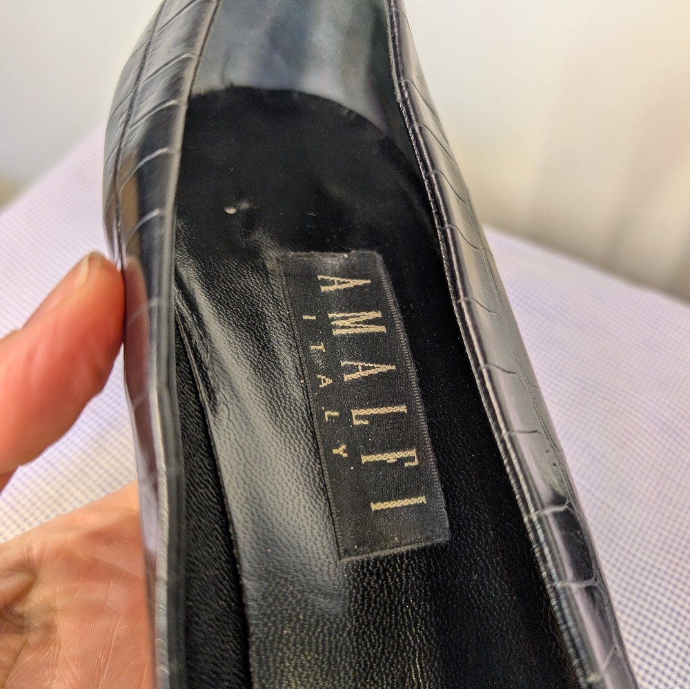 Y2K Amalfi Black Croc-Embossed Leather Pumps | Made in Italy Square Toe Heels - Picture 9 of 12